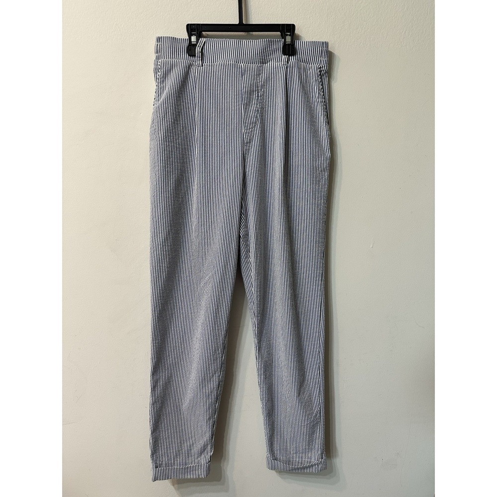Shinestar Womens M Blue White Striped Elastic Waist Stretch Cuffed Pants Pleated
